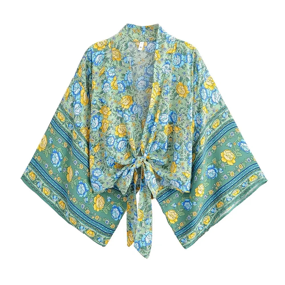 Happie Queens Floral Print Sashes Short  Kimono Women Fashion V Neck Batwing Sleeves Robe Lady Boho Bikini Cover-ups - Matrix Studios
