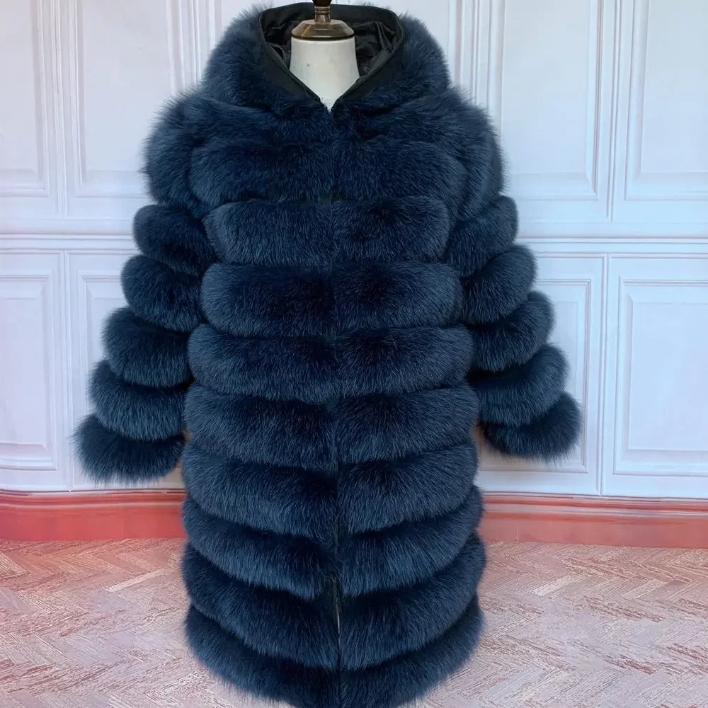 QUEENTINA Hood Fur Coat Women Real Fox Long New Luxury Female Natural Leather Jacket Warm Thick Long Winter Fur Vest Waistcoat - Matrix Studios