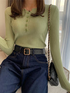 Knitted Women Sweater Button O-neck Pullovers Spring Autumn Basic Sweaters for Female Pullover Slim Solid Bold Stripes Tops - Matrix Studios