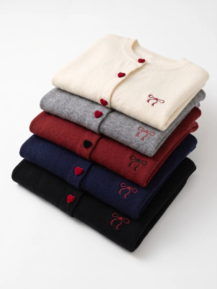 2026 Autumn O-Neck Single Breasted Heart Button Sweater Bow Embroidery Knitted Women Cardigan Korean Casual Tops Woman Clothes - Matrix Studios