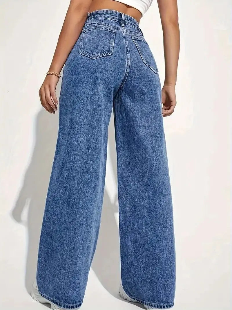 Fashion retro blue jeans women y2k High street baggy straight pants High waisted all-in-one slim pants - Matrix-studios.com