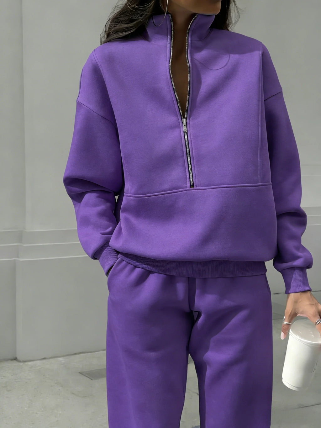 Women Half Zip 2 Piece Tracksuit Set, Stand Collar Long Sleeve Sweatshirt With Pocket & Elastic Waist Jogger Pants, Casual Loose Matching Loungewear Outfit