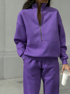 Women Half Zip 2 Piece Tracksuit Set, Stand Collar Long Sleeve Sweatshirt With Pocket & Elastic Waist Jogger Pants, Casual Loose Matching Loungewear Outfit