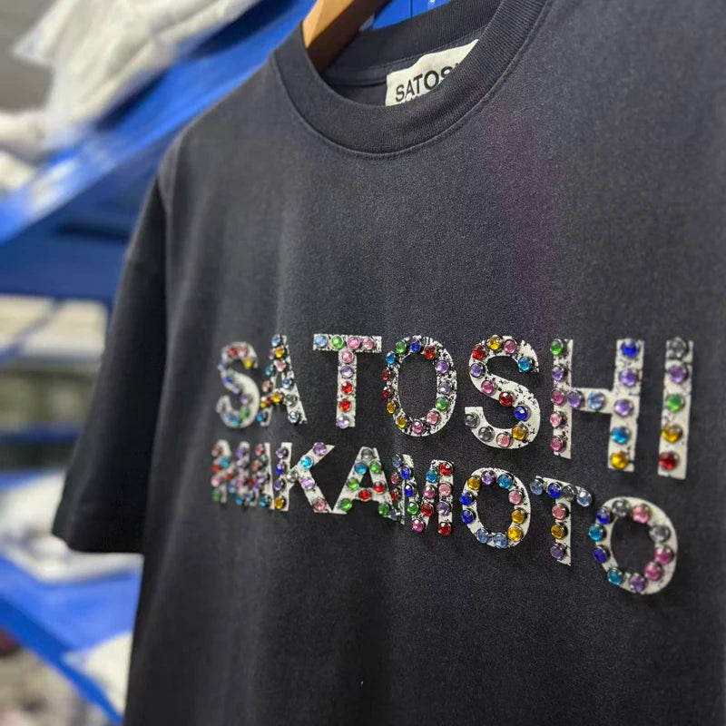 American Style Street Fashion Brand Satoshi Nakamoto Tops New Summer Men's Women's Glittering Rhinestones Short Sleeved - Matrix-studios.com