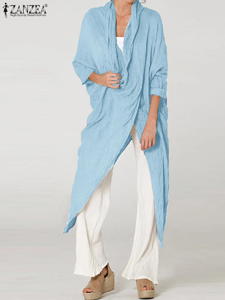 ZANZEA 2025 Fashion Blouses Autumn Women Tops Vintage Long Shirts Casual Solid Cowl Neck Long Sleeve Asymmetrical Party Blusas - Matrix-studios.com