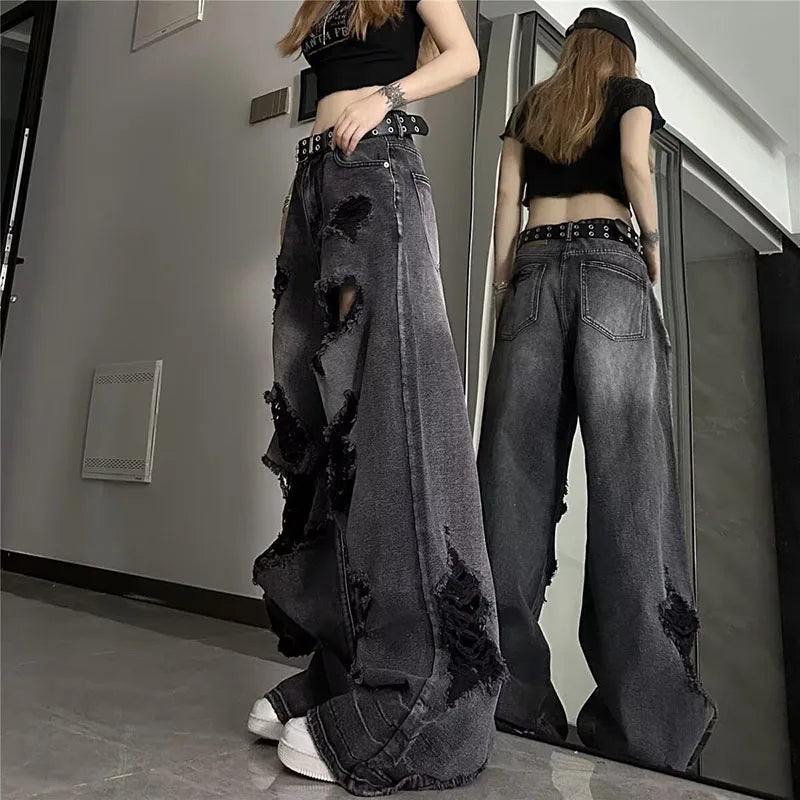 High Street Vintage Black Ripped Jeans Fashion Wide Leg Pants Women'S High Waisted Straight Leg Pants Baggy Pants Y2k Jeans - Matrix-studios.com