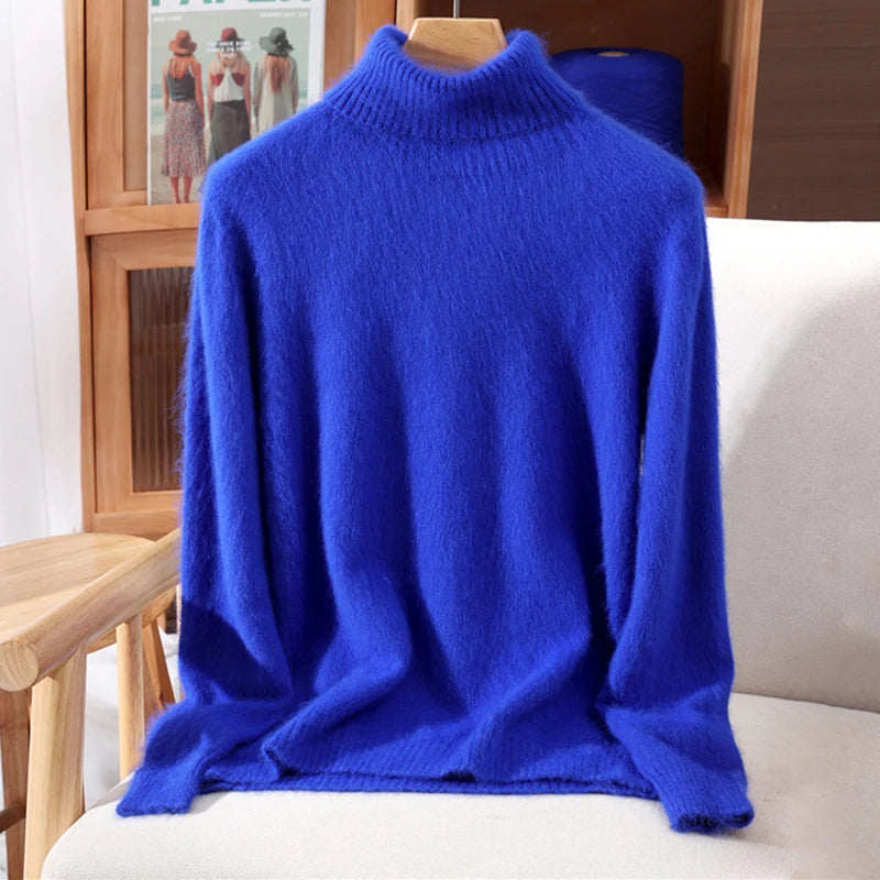 Autumn And Winter New 100% Mink Cashmere Sweater Ladies' High Lapel Solid Color Padded Pullover Wool Knitted Bottoming Shirt - Matrix Studios