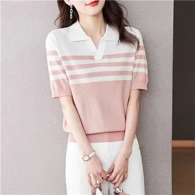 Women's POLO Collar T-Shirt Summer New 100% Cotton Knitted Short-Sleeved Casual Striped Shirt Women's Lapel Pullover Loose Top