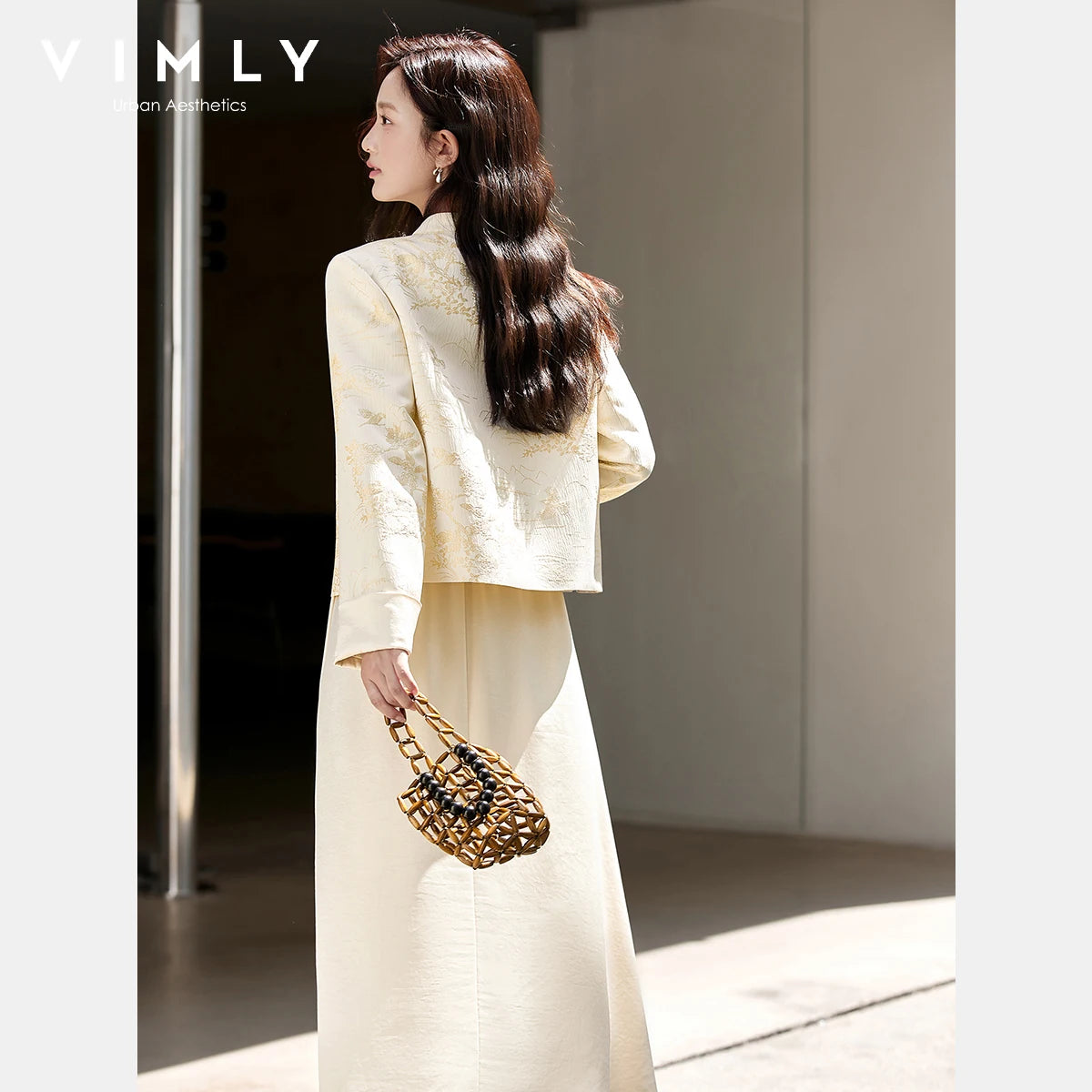 VIMLY Women's Two Piece Set 2026 Autumn Chinese Style Jacquard Floral Stand Neck Coat Elegant Long Skirts Matching Outfit A2876 - Matrix-studios.com