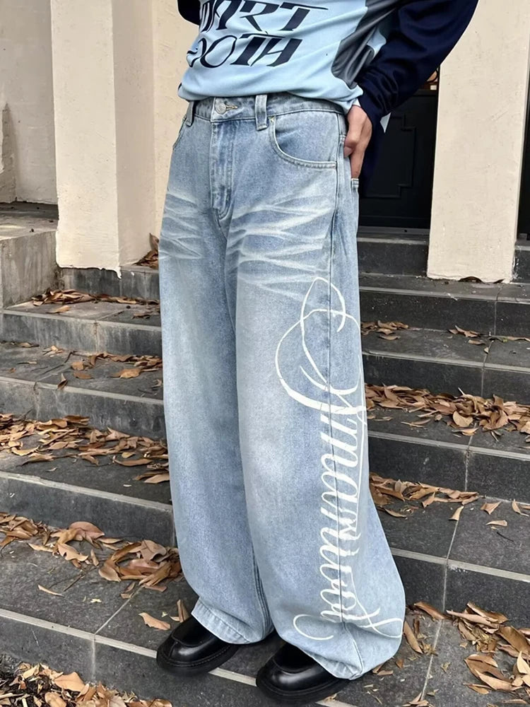 Autumn Men's Letter Printed Straight-Leg Baggy Jeans Hip Hop Fashion Washed Denim Pantalones American Retro Y2K Streetwear Jean - Matrix Studios