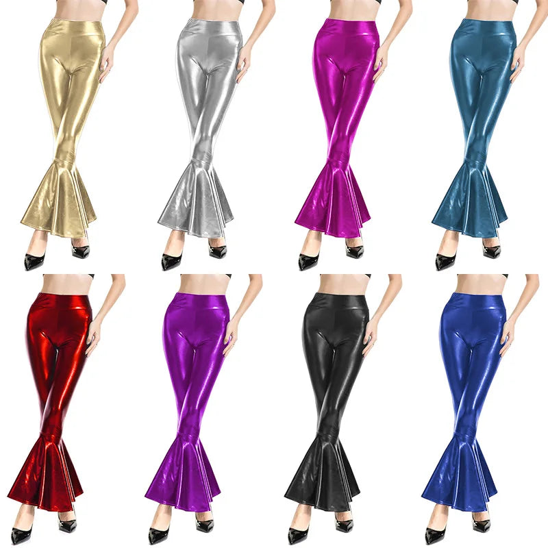 Women Shiny Flare Trousers Metallic Bell Bottoms Ruffle Wide Leg Pants Retro 70s Retro Disco Costume Stage Prom Club Trouser