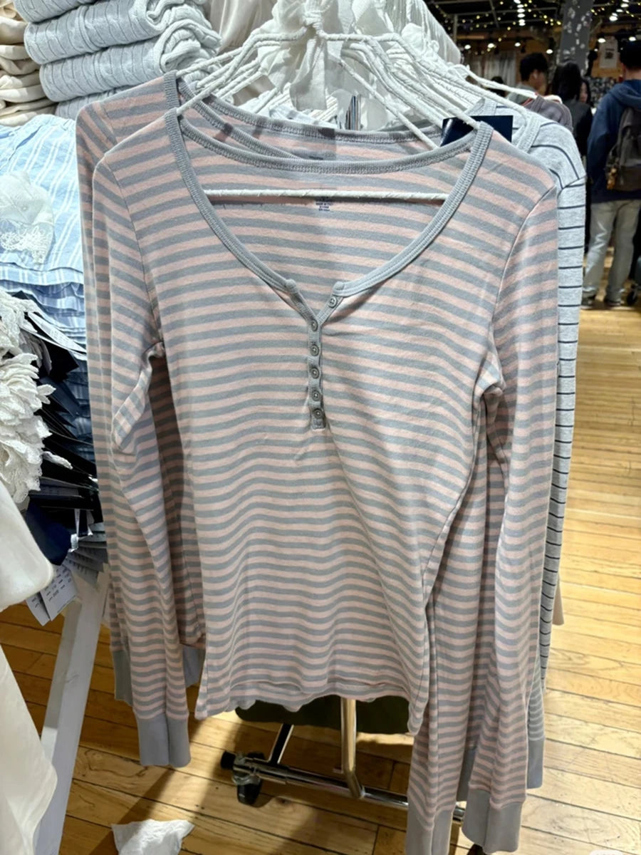 Pink Striped Slim Long Sleeve Tees Women Spring Casual Cotton O-neck Tshirt New Tops Clothes Sweet Cute  Vintage T-shirts Y2K - Matrix-studios.com