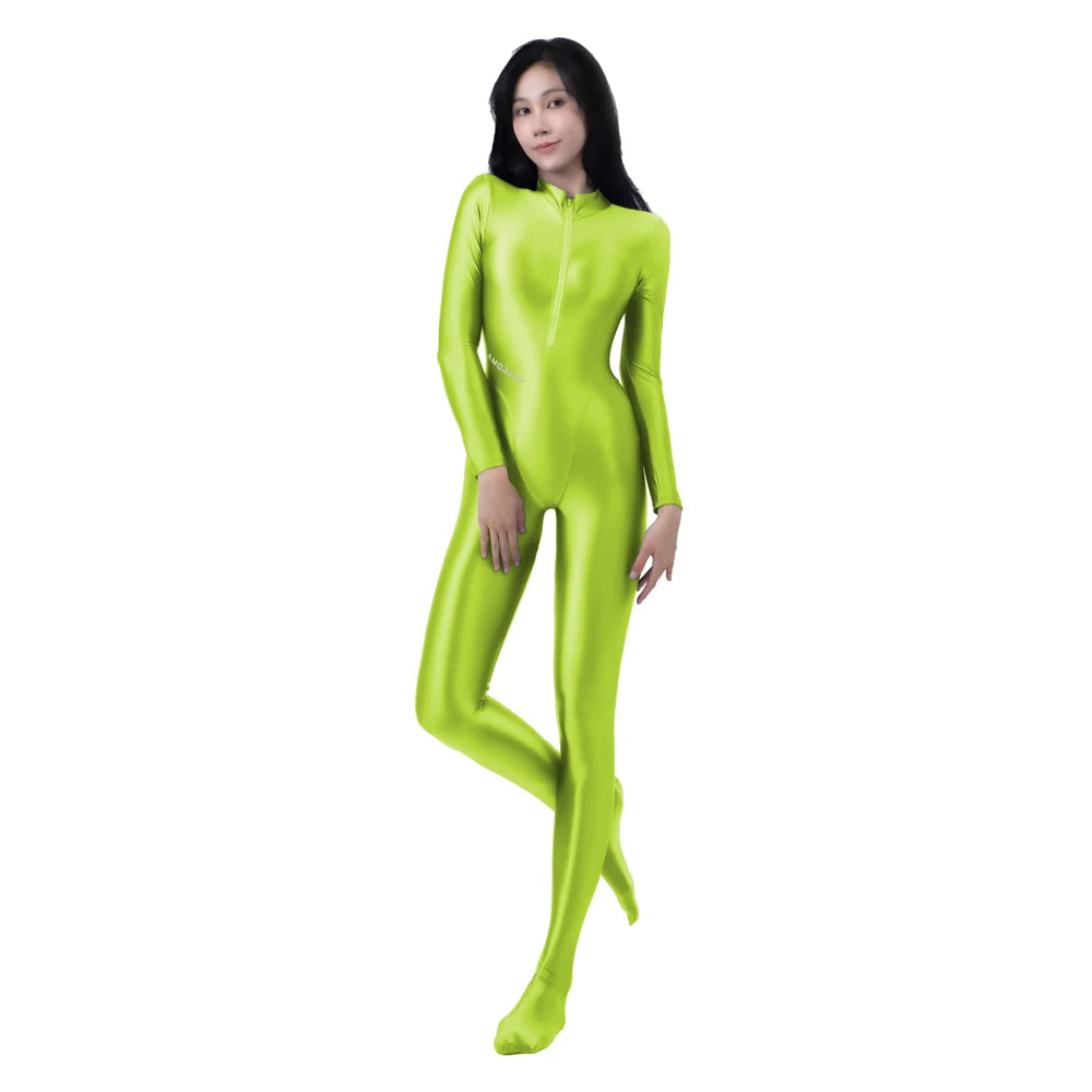 AMORESY Women's Shiny Oil Tights Full-Length Catsuit Front Zipper Yoga Zentai Playsuit Sexy Smooth Casual Jumpsuit - Matrix Studios