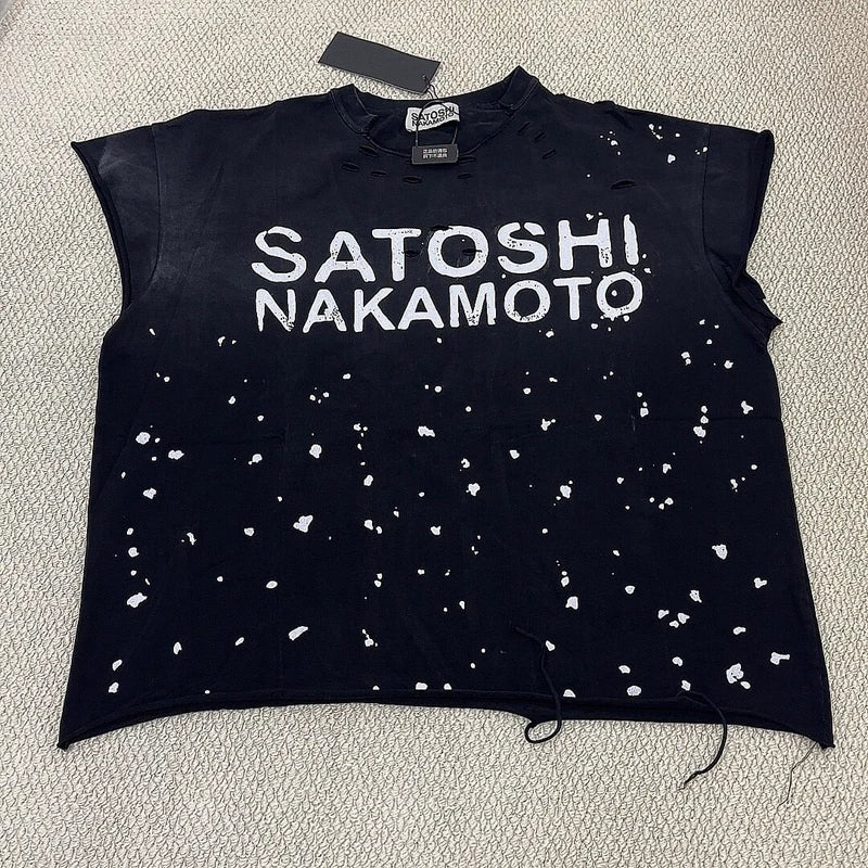 Blue Summer Hiphop Street Distressed Washed Worn Splashed Ink Sleeveless Tshirt SATOSHI Waistcoat Men Women Vest Loose Tank Top - Matrix-studios.com