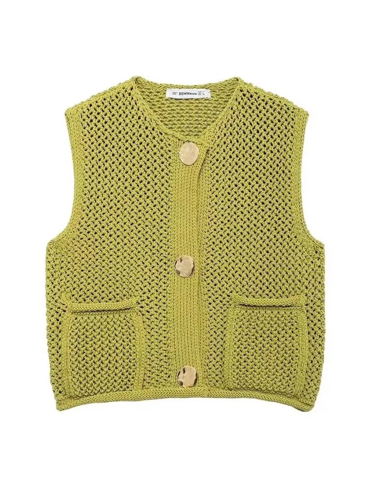 Women Fashion Sleeveless Coarse Needle Knitting Vest Sweater Female Chic Big Pockets Patch Buttons Cardigan Waistcoat Tops - Matrix Studios