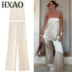 HXAO Satin Pant Sets Women's Two Pieces Set Strapless Off Shoulder Tube Vest 2 Piece Sets Woman Outfit High Waist Trousers Sets - Matrix-studios.com