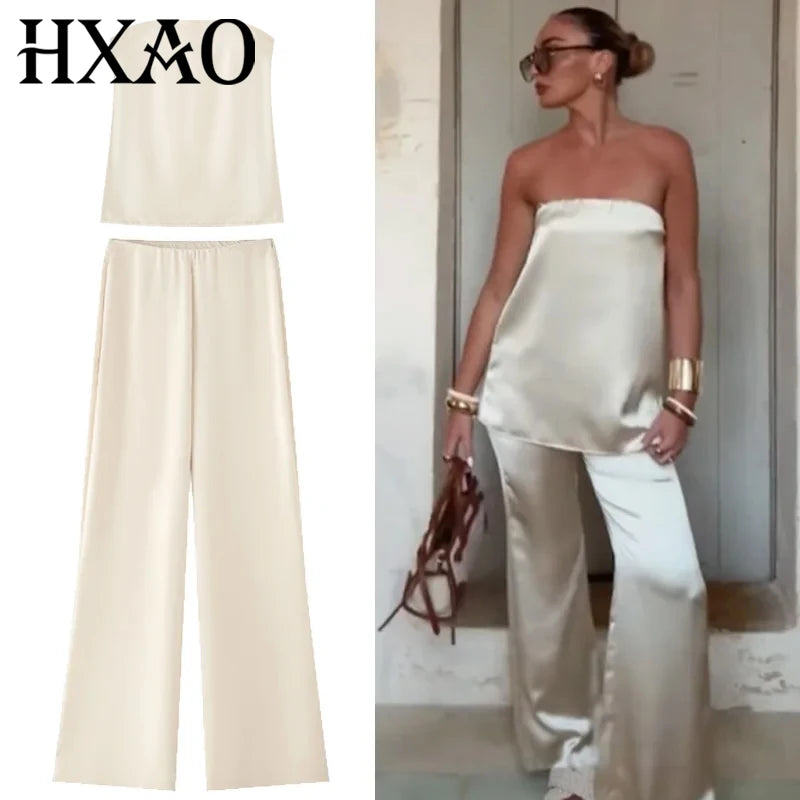 HXAO Satin Pant Sets Women's Two Pieces Set Strapless Off Shoulder Tube Vest 2 Piece Sets Woman Outfit High Waist Trousers Sets - Matrix-studios.com