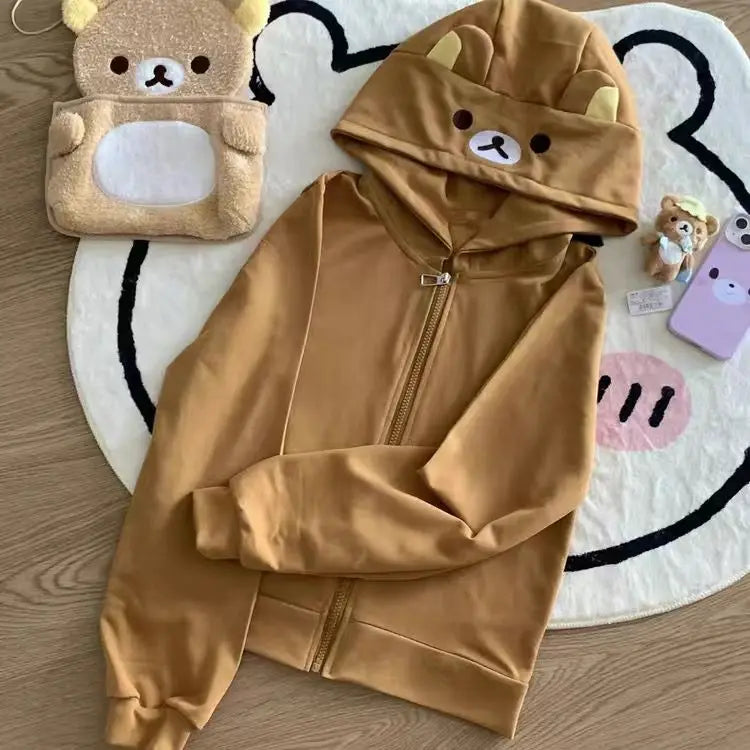 Spring Summer New Cute Bear Ears Zip Up Hoodie Japanese Sweet Girl Casual Loose Sweatshirt Women Cardigan Anime Hoodie Y2k Top - Matrix Studios
