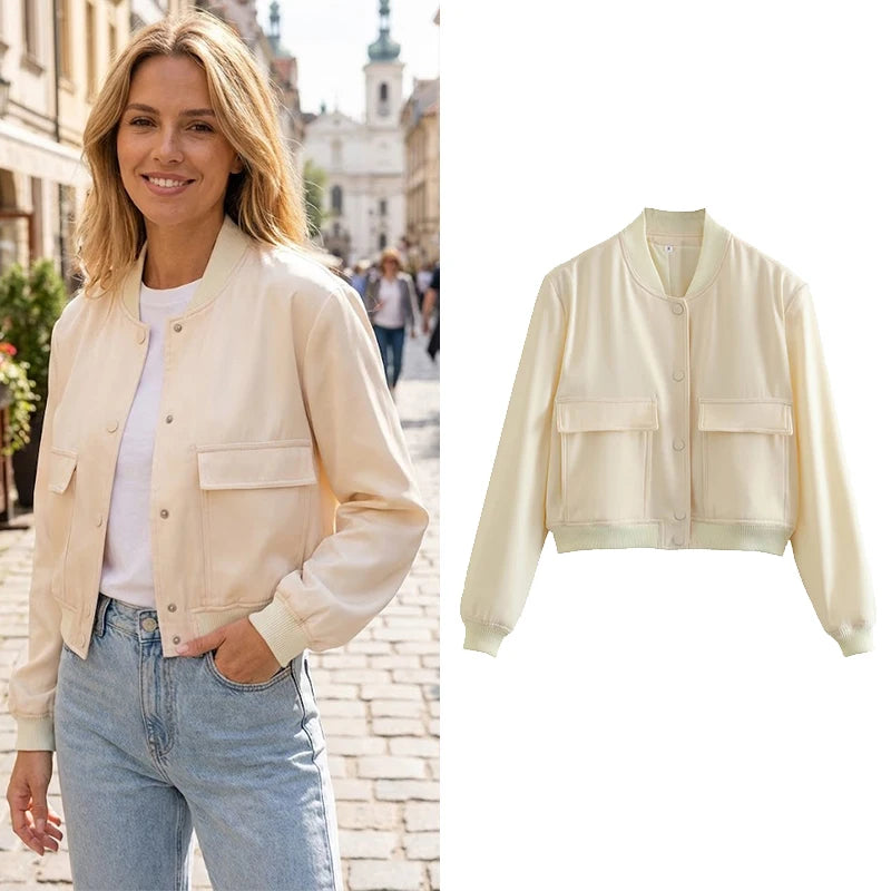 Willshela Women Fashion Solid Bomber Jackets Coat With Pockets V-Neck Single Breasted Long Sleeves Female Chic Lady Outfits - Matrix-studios.com