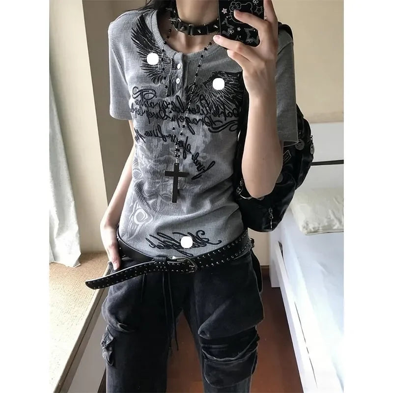 Y2K Japanese Streetwear Polo Shirt Women Slim Crop Tee 2025 White Short Sleeve Tops Letter Badge Houndstooth Vintage Harajuku - Matrix-studios.com