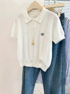 AOSSVIAO Cute Bow Embroidery Short Sleeve Tops 2026 Summer New Women Gray Knitted Polo neck T-shirt Trendy Versatile Casual Tee - Matrix-studios.com