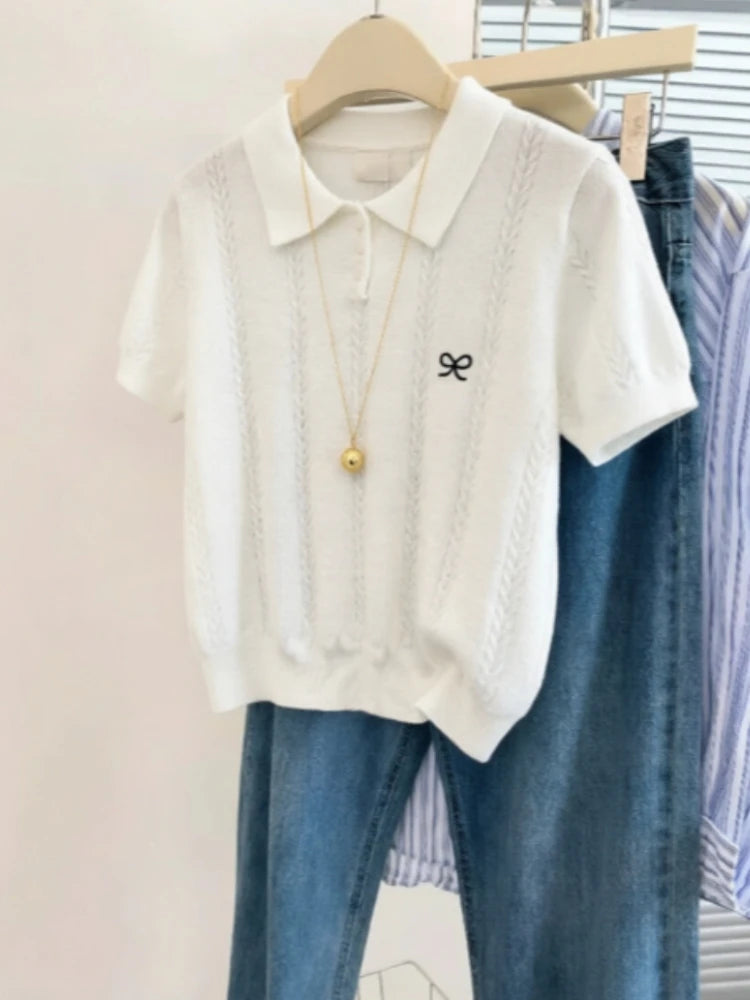 AOSSVIAO Cute Bow Embroidery Short Sleeve Tops 2026 Summer New Women Gray Knitted Polo neck T-shirt Trendy Versatile Casual Tee - Matrix-studios.com