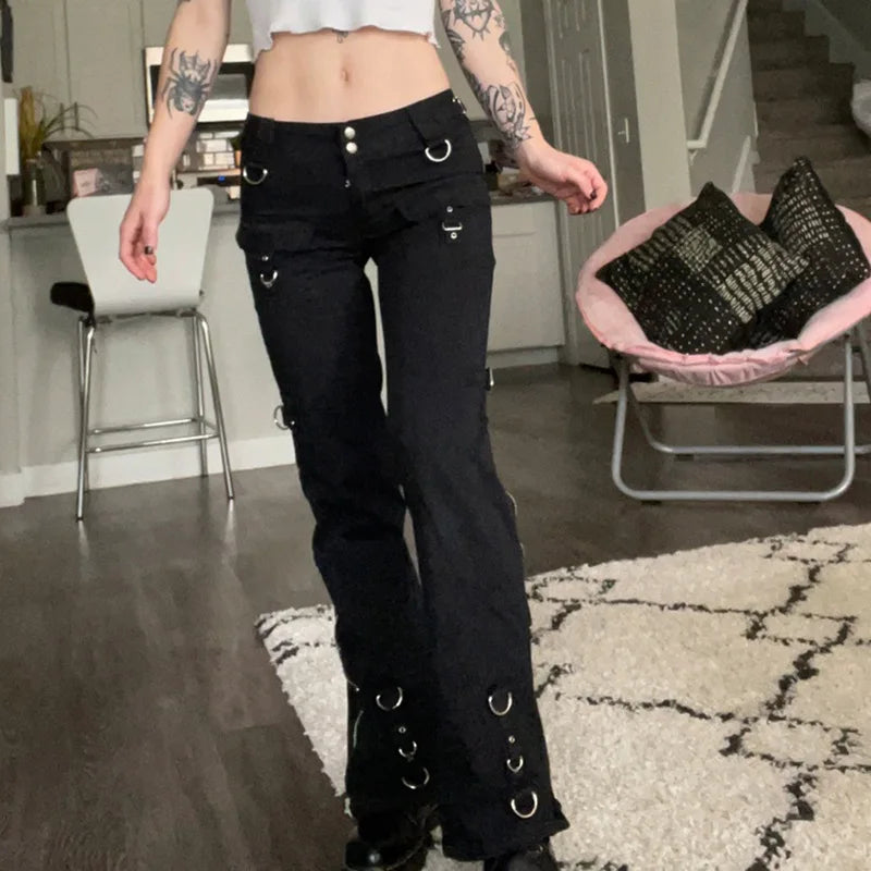 Dark Punk Y2k Grunge Low Waist Emo Jeans Mall Gothic Women Black Patchwork Electro Pants Fashion Streetwear Alt Clothes - Matrix-studios.com