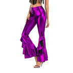 Women Shiny Flare Trousers Metallic Bell Bottoms Ruffle Wide Leg Pants Retro 70s Retro Disco Costume Stage Prom Club Trouser