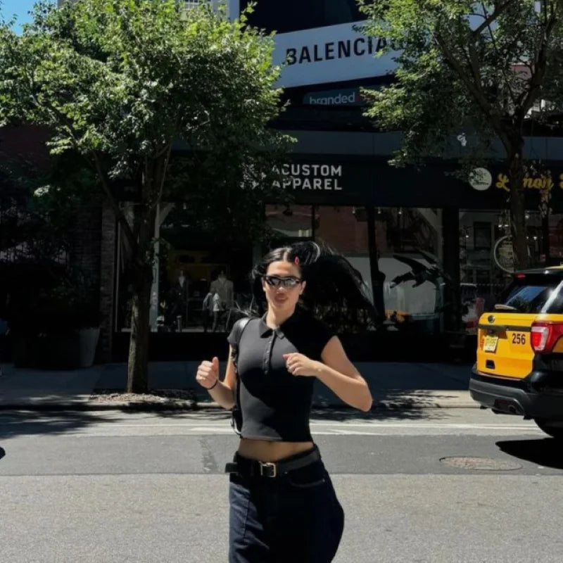 Tank Polo Collar Short-Sleeve T-Shirt, Slim-Fit Waist-Cinching Style, Slimming Hot Girl Style Crop Top, High-Elastic Slim-Fit Waist-Cinching Polo Shirt, Hot Girl Style for Layering or Wearing Alone - Matrix-studios.com