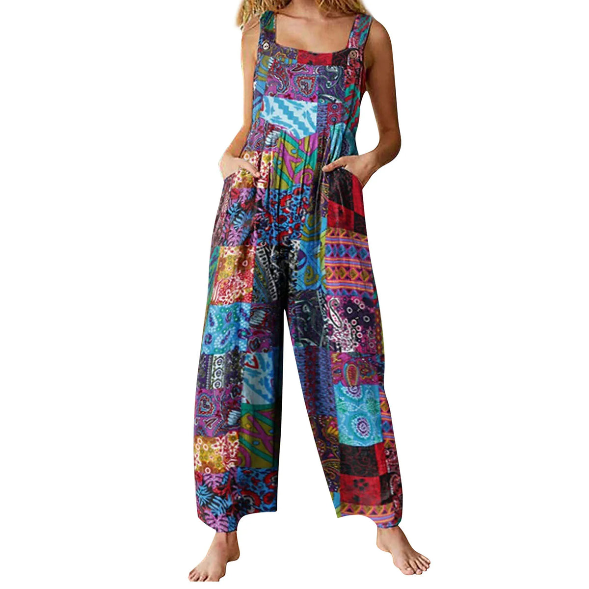 Captivating New Women Summer Overalls, Multicolor Ethnic Style Square Neck Sleeveless Casual Jumpsuit with Pockets for Girls - Matrix Studios