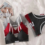 Women Cotton Bra Set Sexy Briefs Low Waist Panties Wire Free Bralette Sport Lingerie Vneck Brassiere Female Underwear Set - Matrix-studios.com
