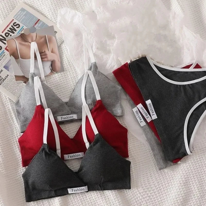 Women Cotton Bra Set Sexy Briefs Low Waist Panties Wire Free Bralette Sport Lingerie Vneck Brassiere Female Underwear Set - Matrix-studios.com