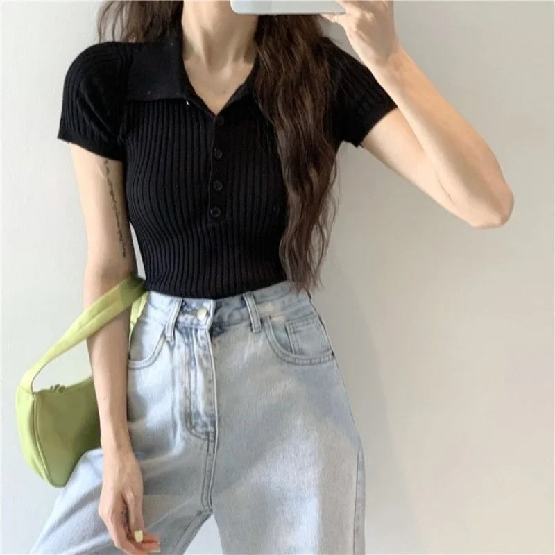 New Polo Women TShirt Ribbed Knitted Sexy Tops Summer Basic Shirts Skinny Slim Casual Short Sleeve Vest Women's Top White Black - Matrix-studios.com