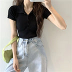 New Polo Women TShirt Ribbed Knitted Sexy Tops Summer Basic Shirts Skinny Slim Casual Short Sleeve Vest Women's Top White Black - Matrix-studios.com