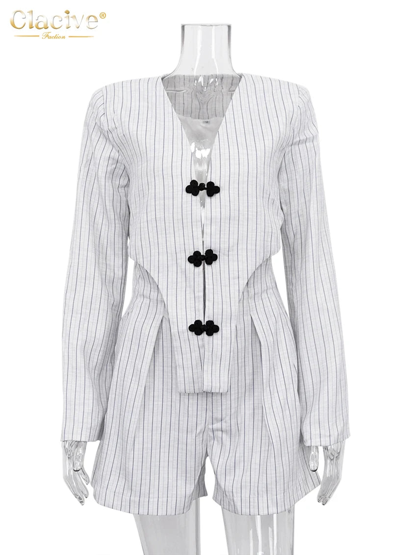 Clacive Fashion Stripe Print 2 Piece Sets Women Elegant Slim Long Sleeve Irregular Top With High Waist Shorts Set Streetwear - Matrix-studios.com