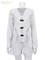 Clacive Fashion Stripe Print 2 Piece Sets Women Elegant Slim Long Sleeve Irregular Top With High Waist Shorts Set Streetwear - Matrix-studios.com