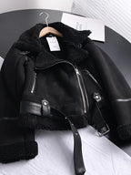 Ailegogo Winter Women Thick Warm Suede Lamb Jacket Short Motorcycle Brown Coats Faux Shearling Sheepskin Leather Jackets Outwear - Matrix Studios