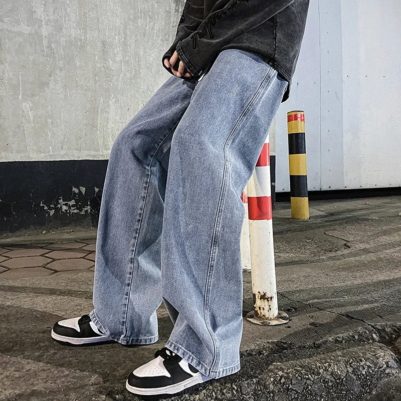 New Streetwear Loose Jeans Men Korean Style Fashion Loose Straight Wide Leg Pants Men's Brand Clothing Black Light Blue - Matrix Studios