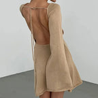 New sexy Backless Round Collar Cover-Ups Solid Color Knit Beachwear Stylish Horn Sleeve Beach suit Female Holiday wrap Dress - Matrix Studios