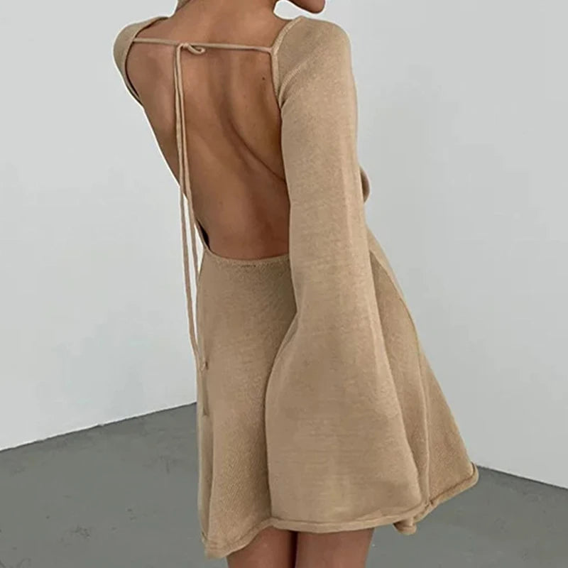 New sexy Backless Round Collar Cover-Ups Solid Color Knit Beachwear Stylish Horn Sleeve Beach suit Female Holiday wrap Dress - Matrix Studios