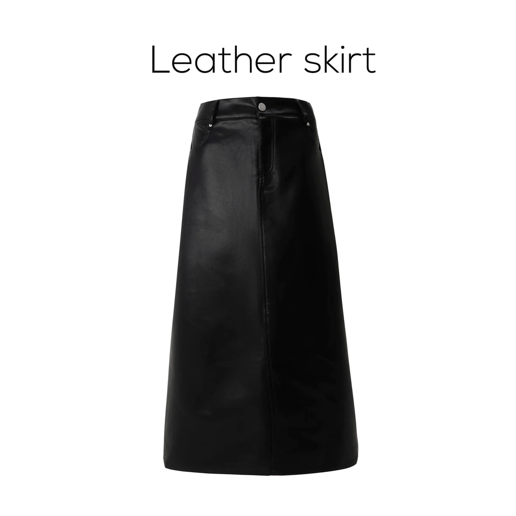 AP 2026 Autumn and Winter New O-neck Two Color Patchwork Sweater Stretch Skirt Leather Skirt Fashion - Matrix Studios