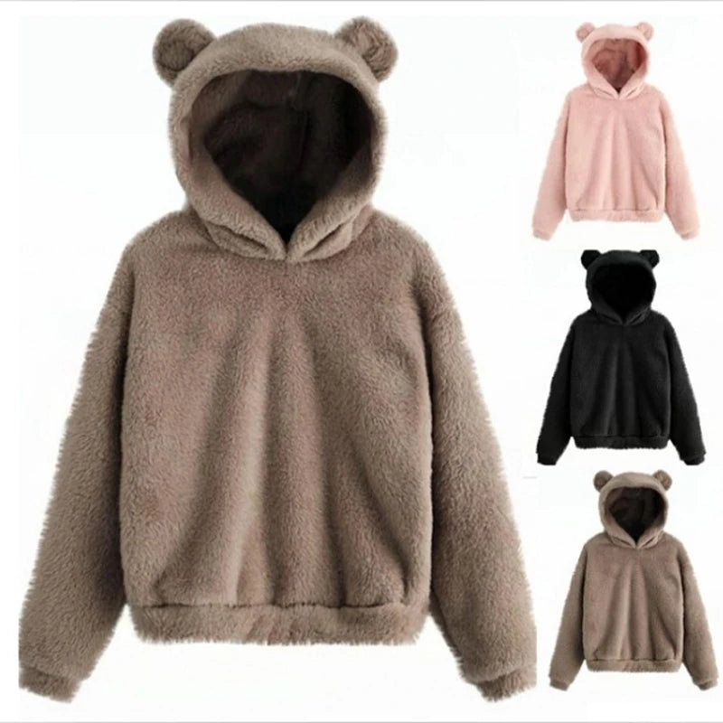 Autumn Winter Women's Hoodies Winter Women Long Sleeve Rabbit Ear Hood Sweatshirt Cute Plush Warm Casual Hoodie Tops - Matrix Studios