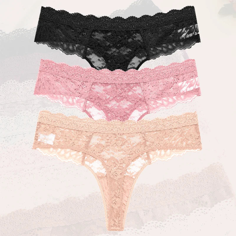 3Pcs Lace Sexy Thongs Women Low-Rise Briefs Sexy Soft Ladies Underwear Trendy Floral Underpants Female Flowery Panty Lingerie - Matrix Studios