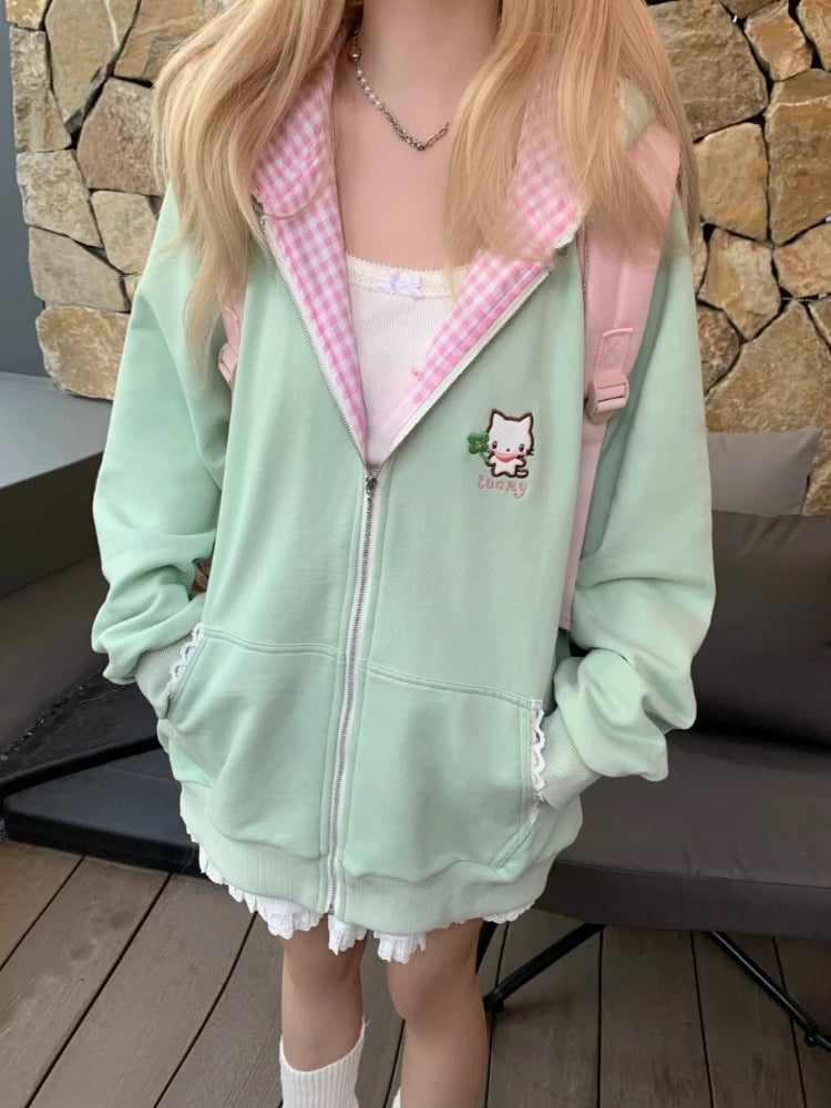 Japanese Sweet Coats Y2K Clothing Hoodie Women Tops Autumn and Winter Color Match Splicing with Thick Velvet Cardigan Jackets - Matrix Studios