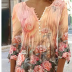 V-Neck Elegant Office Lady Blouses Tops Blusas 2024 Casual Trendy Summer Blouses Print Three Quarter Buttons Women Shirts S-3XL - Matrix-studios.com