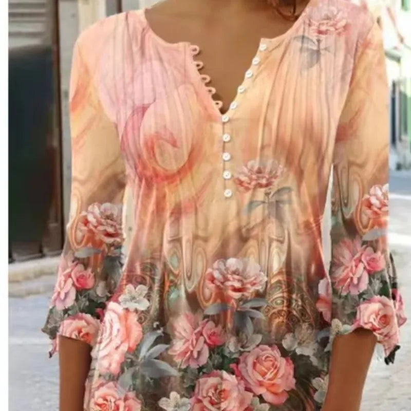 V-Neck Elegant Office Lady Blouses Tops Blusas 2024 Casual Trendy Summer Blouses Print Three Quarter Buttons Women Shirts S-3XL - Matrix-studios.com