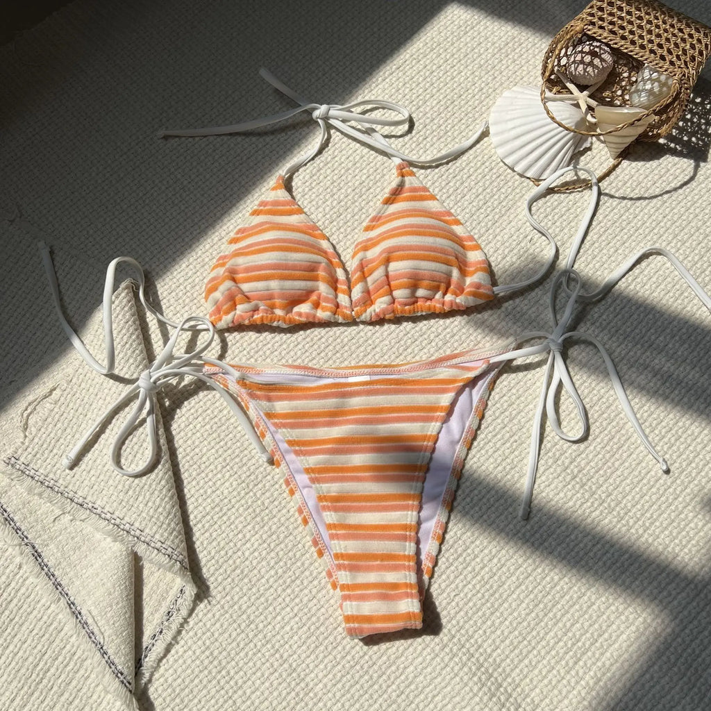 sexy terry cloth striped bikinis sets two pieces halter tie swimsuits Swimwear Biquini conjunto de bikini tankini trikini - Matrix-studios.com