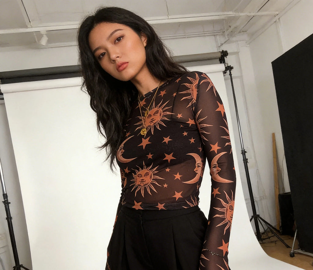 Women's New Style Black-and-White Sun-and-Moon Print Sheer Mesh T-Shirt Sheer Mesh Round Neck Base Layer T-Shirt - Matrix-studios.com