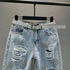 Heavy industry Diamond studded ripped Jeans Women's Street wear 2026 Summer New Loose Nine point Pants Casual Denim Trousers - Matrix-studios.com