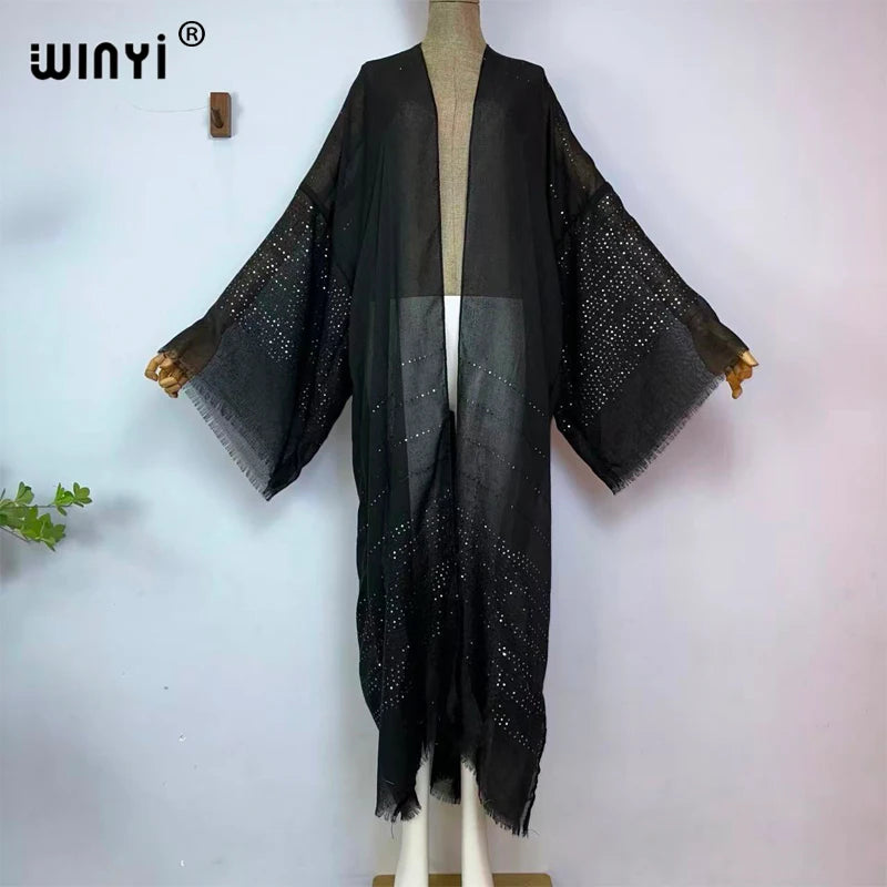 WINYI Solid color design Beach Wear Swim Suit Middle East abaya dubai luxury Women Cardigan Holiday Long Sleeve Kimono Dress - Matrix-studios.com